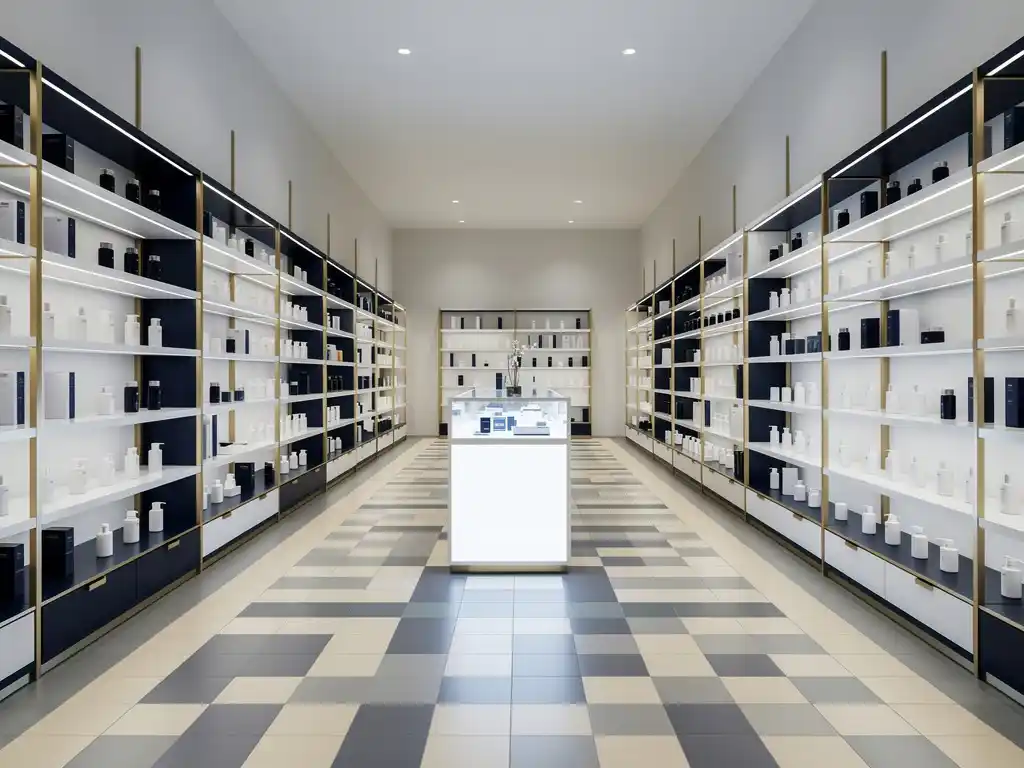 Minimalistische winkelinterieur met verlichte smart shelf in koel wit licht, strakke grijze vloertegels en een rustige marineblauwe en gouden kleurenpalet.