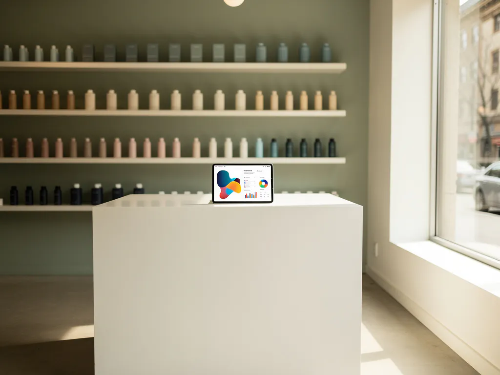 Minimalistische boetiek met saliegroen en leisteenblauw kleurenpalet, tablet op witte toonbank met analytics-dashboard, warm natuurlijk licht.