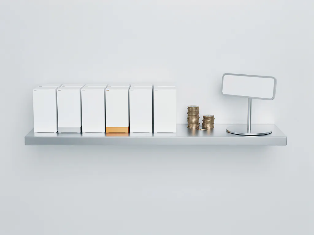 Netjes gerangschikte productdozen op winkelrek met muntstapel naast minimalistisch prijshouder, studiobelichting in zilver en amber tinten.