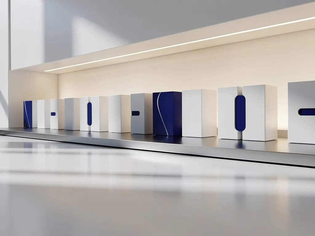 Minimalistische retailschapstelling met zacht gloeiende verlichting achter producten, strakke geometrische schaduwen en een kobaltblauwe accent.