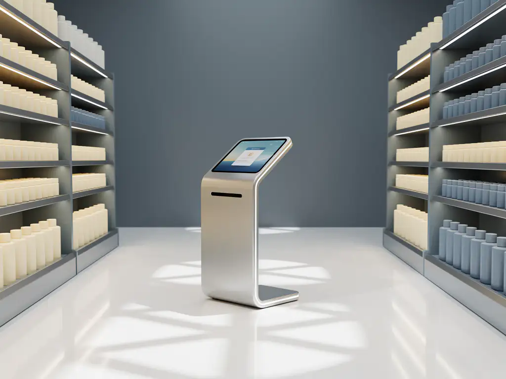 Moderne zelfbedieningskiosk met gebogen interface in een strak ingerichte winkel met productschappen en gepolijste witte vloer.