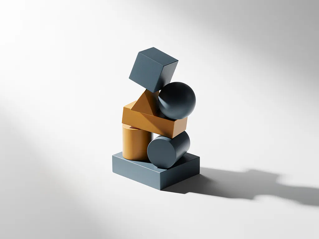 Geometrische blokken in precair evenwicht op het punt van instorten, met één verschoven blok in blauw-amberkleurig minimalistische compositie.