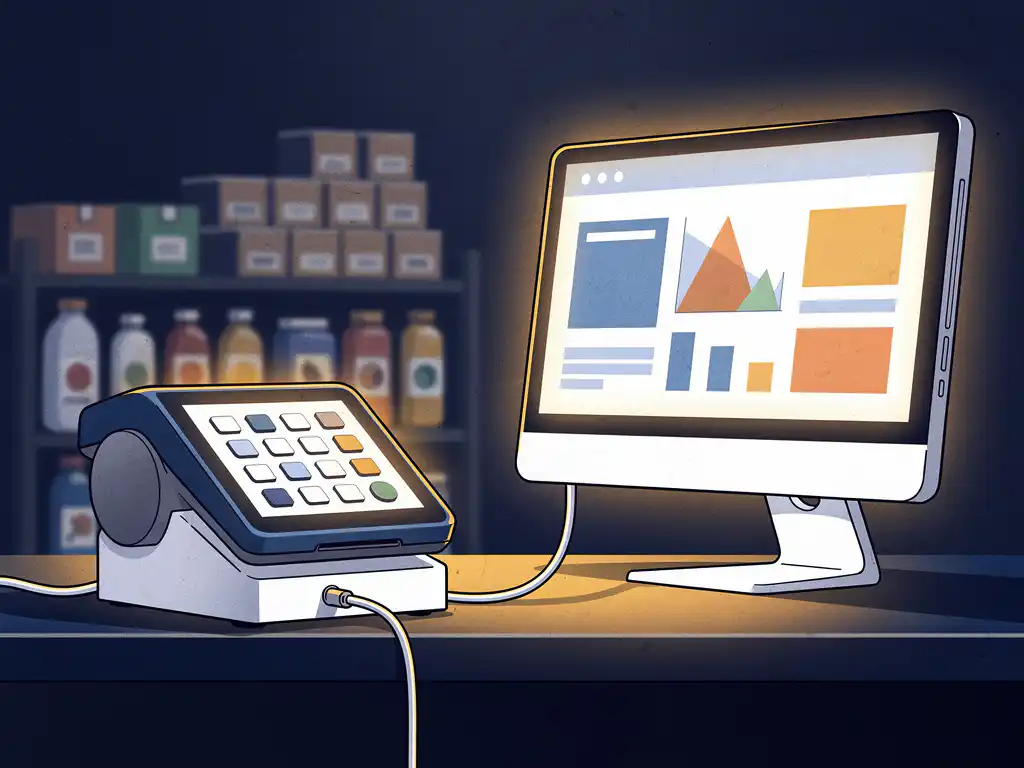 Kassaterminal verbonden via kabel met een ERP-dashboard op monitor, retailtoonbank met productdozen op achtergrond, vectorillustratie in marineblauw en amber.