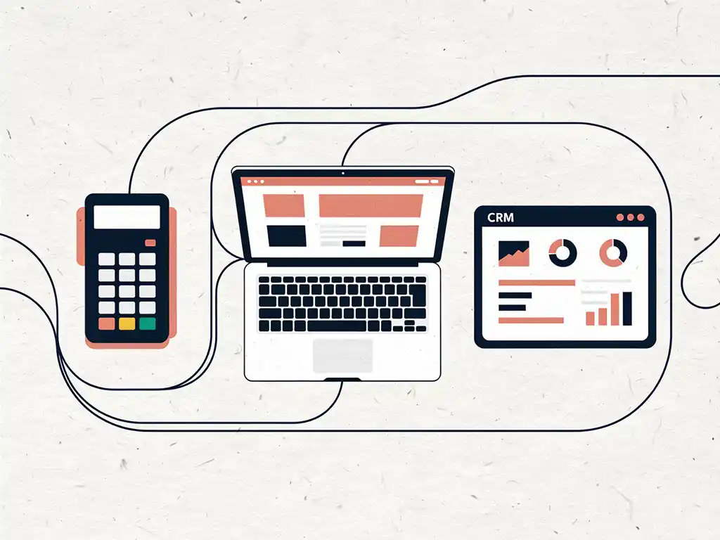 Kassaterminal, laptop met webshop en CRM-dashboard verbonden door vloeiende lijnen op een retailbureau, vlakke vectorillustratie in marineblauw, koraal en wit.