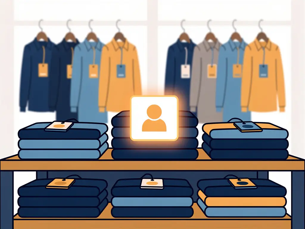 Winkelrek met keurig gerangschikte kleding en een gloeiende klantprofielkaart als prijskaartje op een kledingstuk.