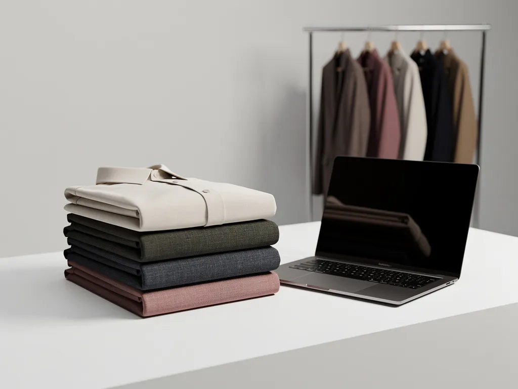 Gevouwen stapel premium kleding in aardetinten naast een open laptop op wit minimalistisch oppervlak.