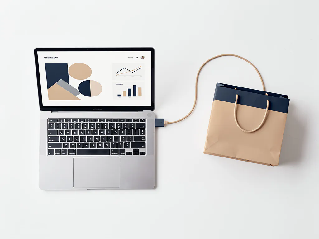 Laptop met minimalistisch dashboard verbonden via datakabel met een elegante boodschappentas op wit bureau, bovenaanzicht.
