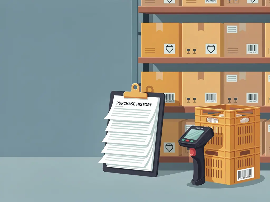 Magazijnstelling met gelabelde productdozen, klembord met inkooprapportages en barcodescanner naast gestapelde kratten.