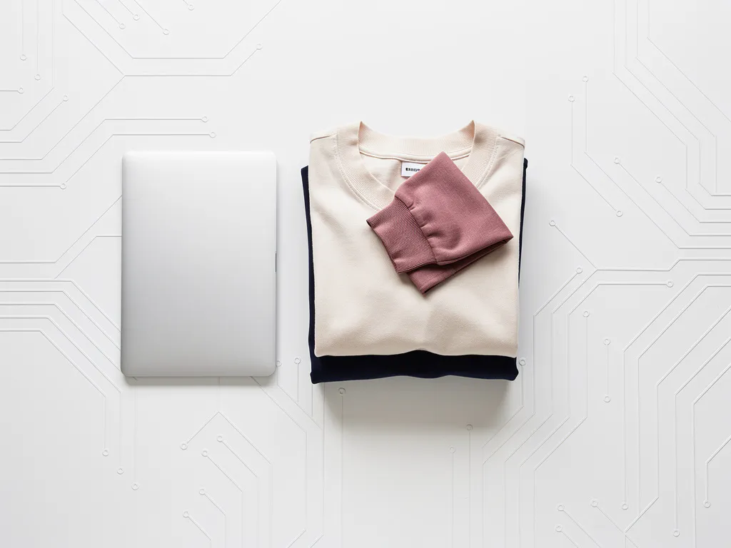 Neatly gevouwen modekleding naast een open laptop op een wit oppervlak, in warme ivoor- en marineblauw tinten met een vleugje roze.