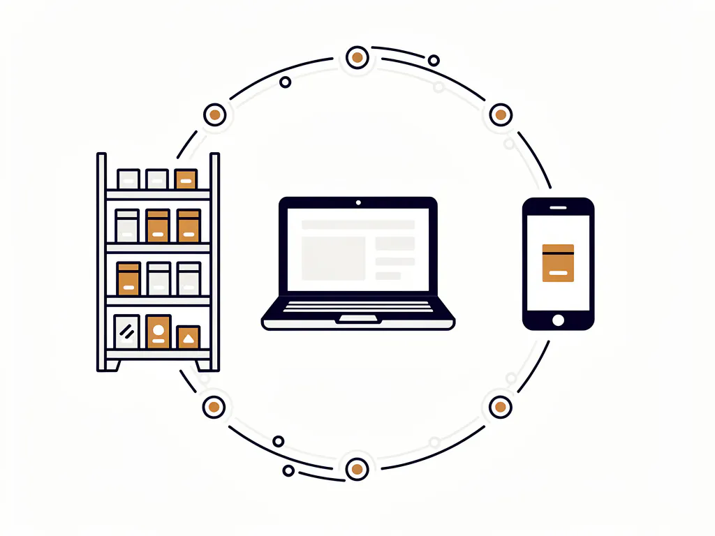 Circulaire verbinding tussen winkelrek, laptop en smartphone als omnichannel retailnetwerk, platte vectorillustratie in marineblauw en amber.