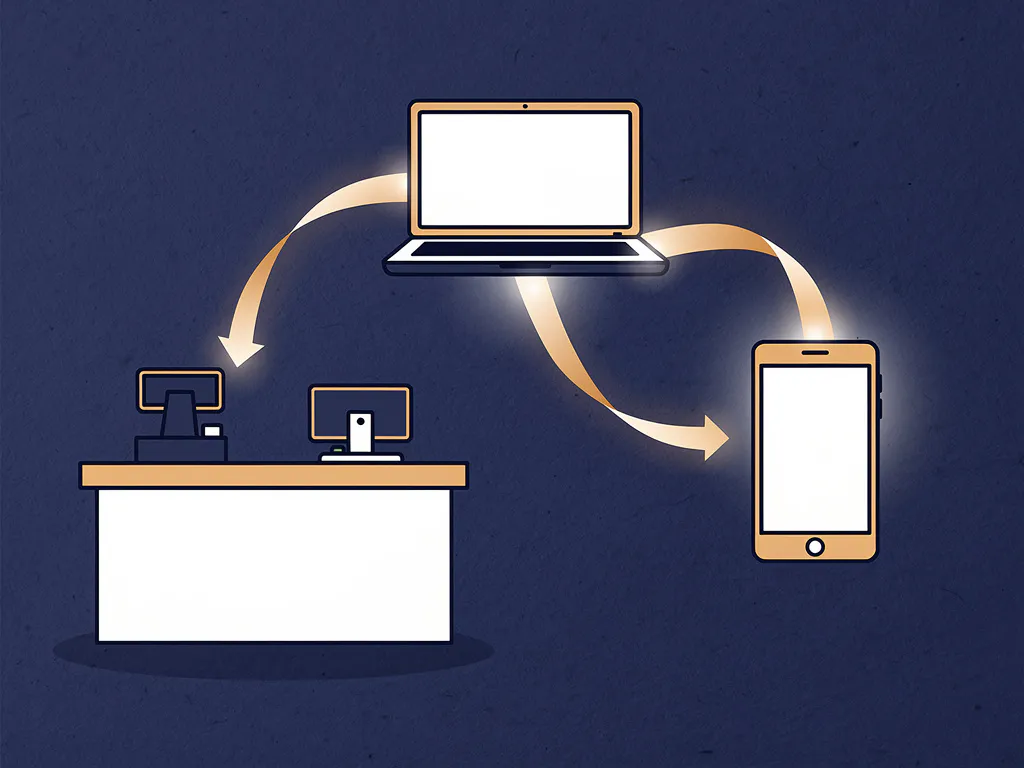 Vlakke vectorillustratie van winkelomnichannel: fysieke toonbank, laptop en mobiel verbonden door een amberkleurig lint.