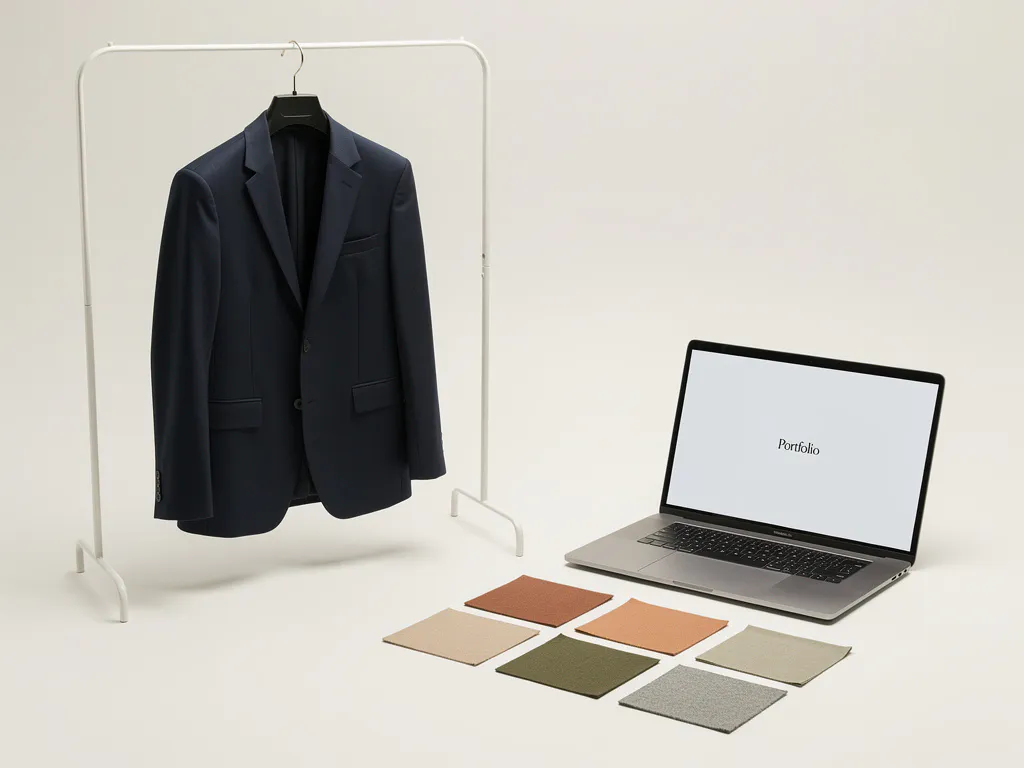 Op maat gemaakt kledingstuk op minimalistisch rek naast laptop, omringd door aardtinten stofstalen op wit werkblad.
