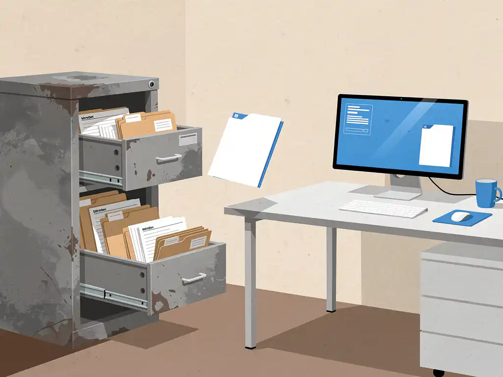 Verouderd archiefdossier naast moderne werkplek met map die soepel overgaat van papier naar digitaal systeem.