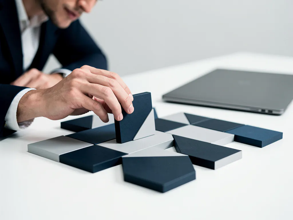 Professional die het laatste stuk in een geometrische puzzel op een minimalistisch wit bureau plaatst, met een gesloten laptop op de achtergrond.