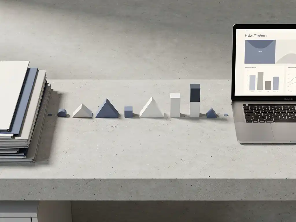 Projecttijdlijn met geometrische mijlpalen op betonnen bureau, laptop en geordende mappen in blauwe en grijze tinten.