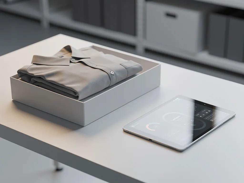 Netjes gevouwen kledingstuk dat in een witte verzenddoos wordt geplaatst, met een tablet op een wit bureau.