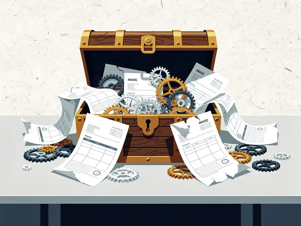 Houten schatkist met facturen, tandwielen en kalenderbladen op bureaublad, symbool voor verborgen ERP-implementatiekosten.