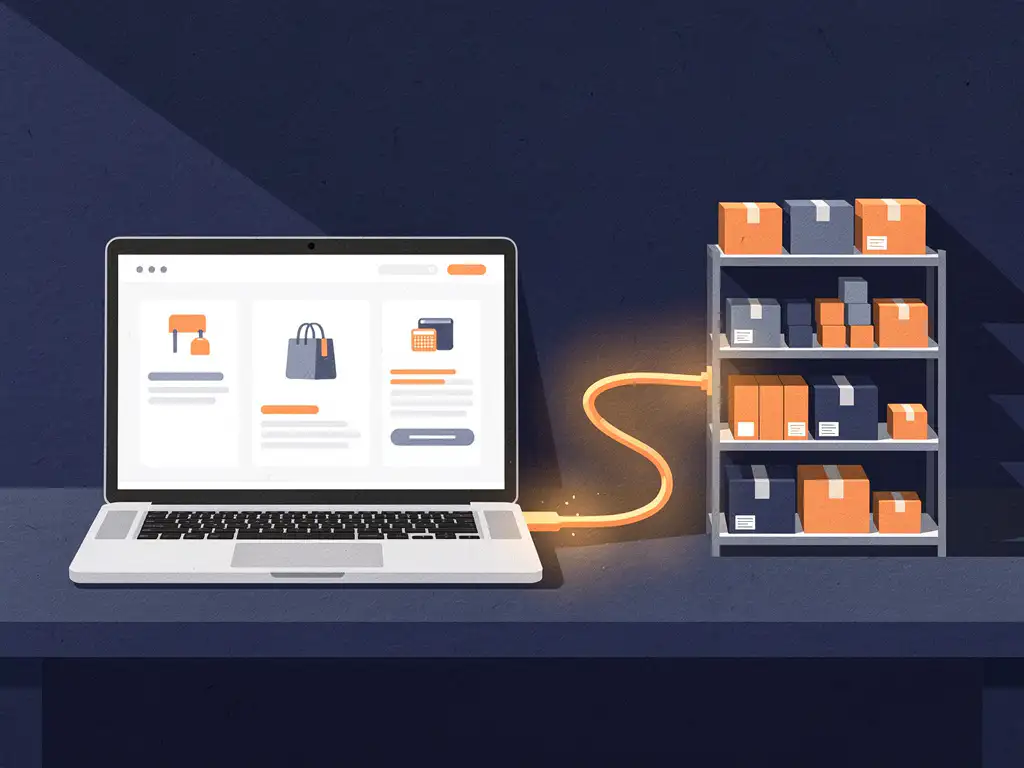 Laptop met webshop verbonden via gloeiende kabel aan miniatuur magazijnrek vol productdozen op moderne retailtafel.