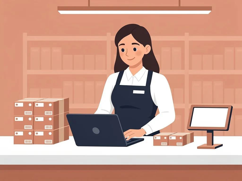 Winkelmanager bekijkt laptop op moderne kassa, omringd door gestapelde productdozen en prijskaartjes, vlakke illustratiestijl.