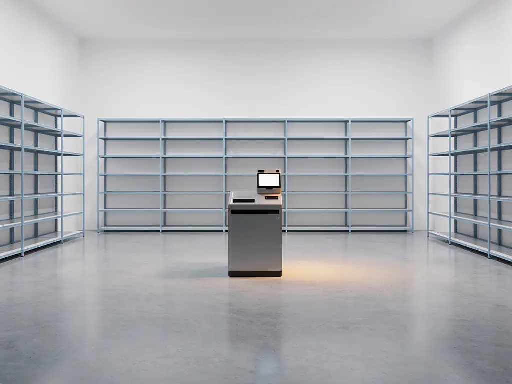 Minimalistische winkelruimte met zelfbedieningskiosk op betonnen vloer, slimme schappen en staalblauwe accenten op de achtergrond.