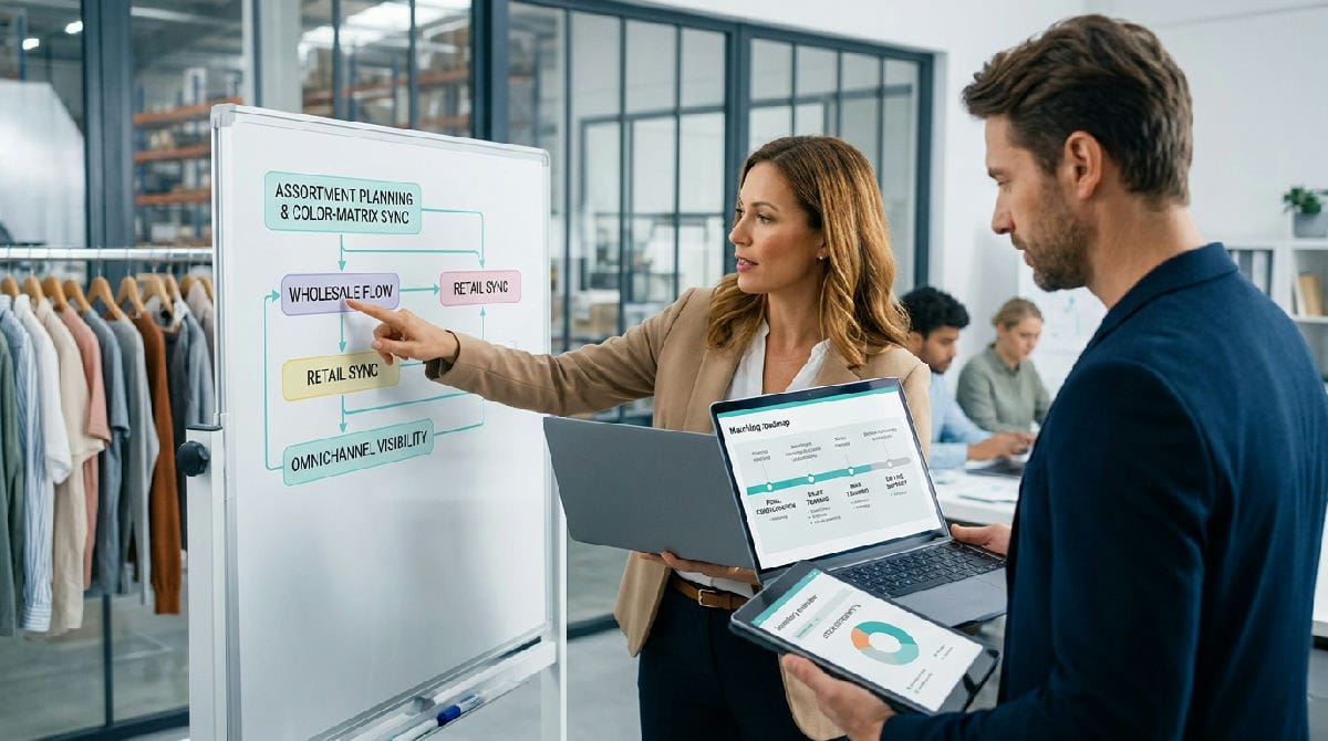 Consultant bespreekt implementatie van branchespecifieke fashion ERP met team