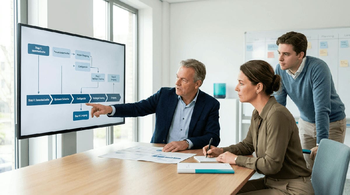 Projectteam bespreekt een ERP implementatie tijdens een blueprintsessie