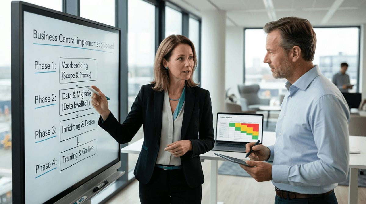 Bedrijfsleider en ERP adviseur bespreken een Business Central implementatieplan aan tafel