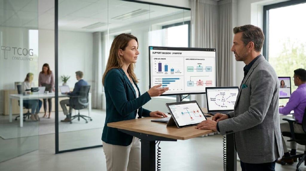 Supportmedewerker helpt collega bij een Business Central scherm op kantoor