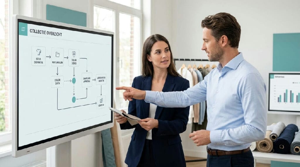 Modeontwerper controleert stijl- en kleurvarianten in een product data management systeem