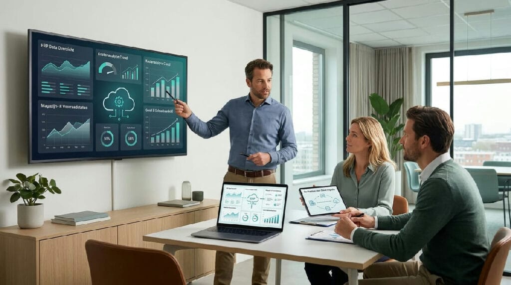 Medewerker bekijkt realtime dashboards van een cloud based ERP systeem op laptop