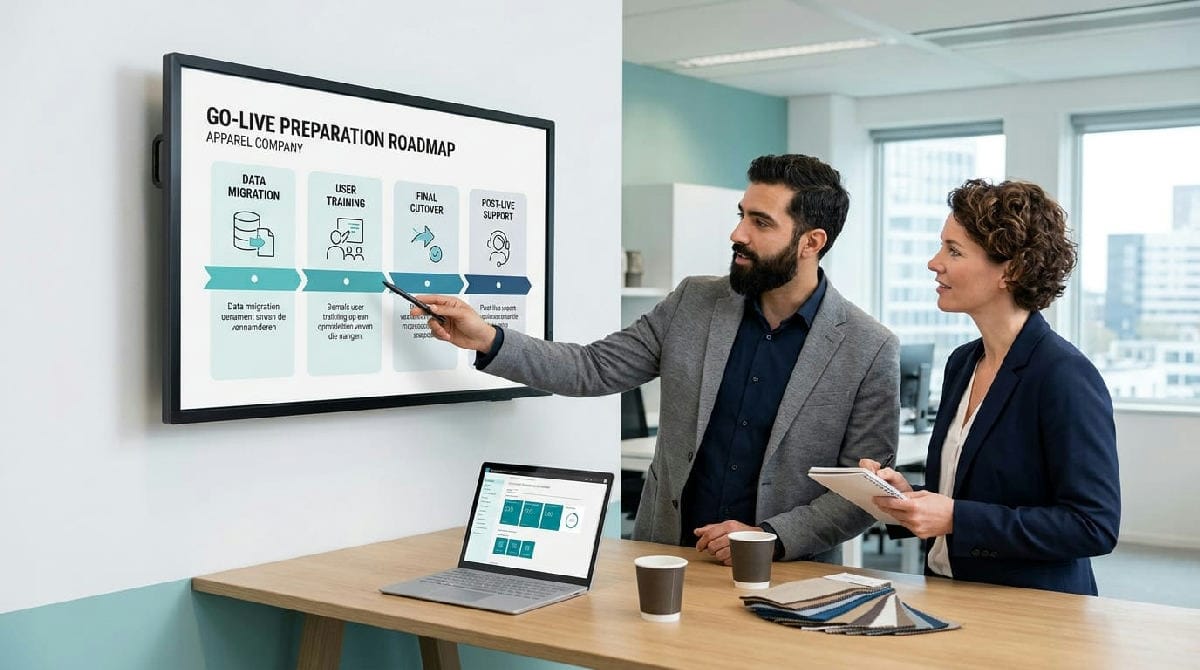 Overleg tussen finance- en operationsteam over ERP-implementatie in fashion