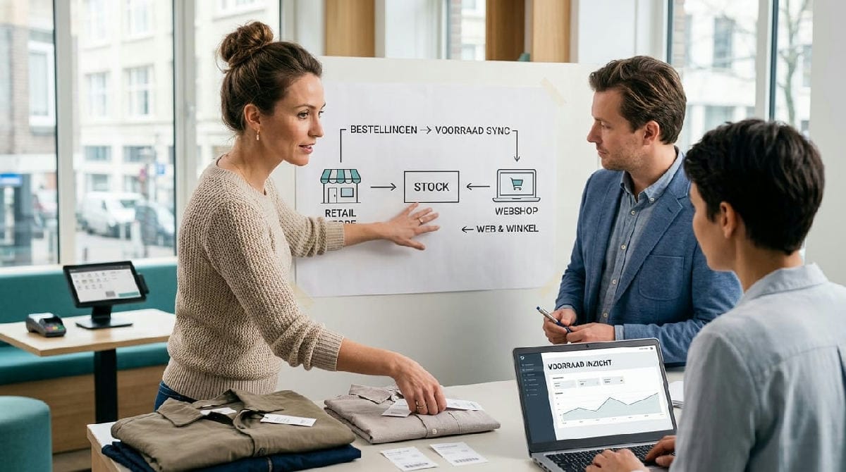 Retailmedewerker controleert voorraad op tablet in een winkel met kassasysteem