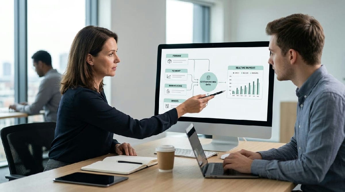 Beslisser bekijkt een geintegreerd all-in-one ERP dashboard op een laptop