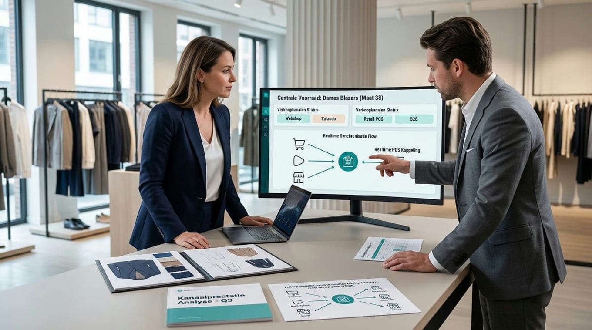 Modemedewerker controleert voorraad in fashion ERP op meerdere verkoopkanalen