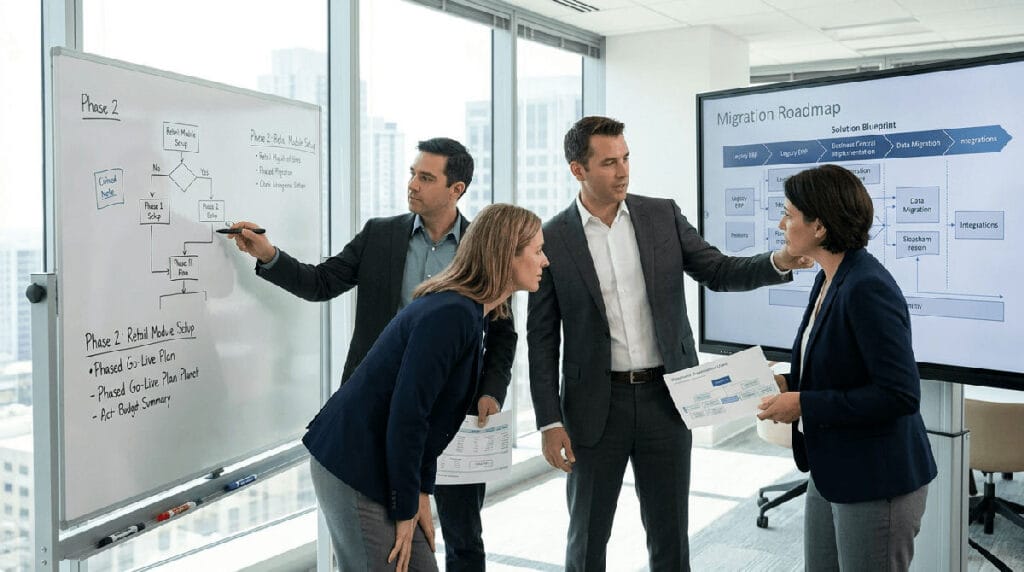 Twee professionals bespreken een Business Central implementatie aan een bureau met dashboards