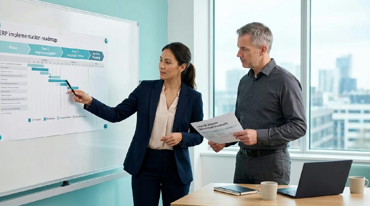 Consultant legt een blueprint voor een ERP implementatie uit tijdens een werksessie
