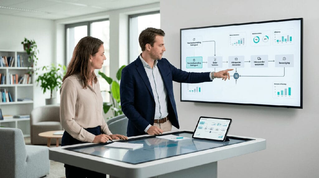 Medewerker bekijkt geautomatiseerde ERP workflows in Business Central dashboard