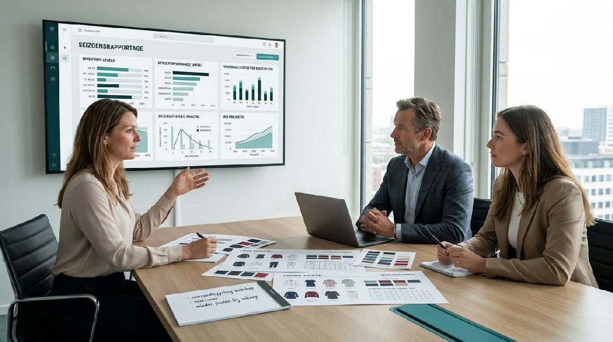 Modemerkmedewerker controleert voorraad en orders op een geïntegreerd ERP-dashboard