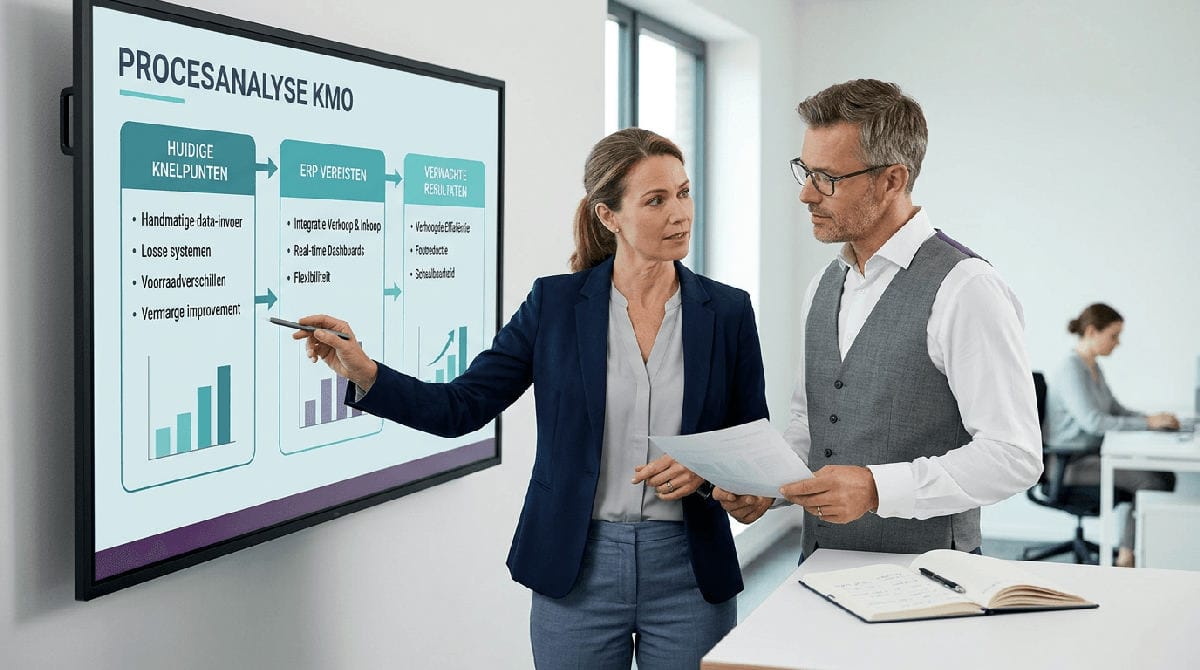 Bedrijfsleider vergelijkt ERP oplossingen op een scherm met financiële en voorraadgegevens