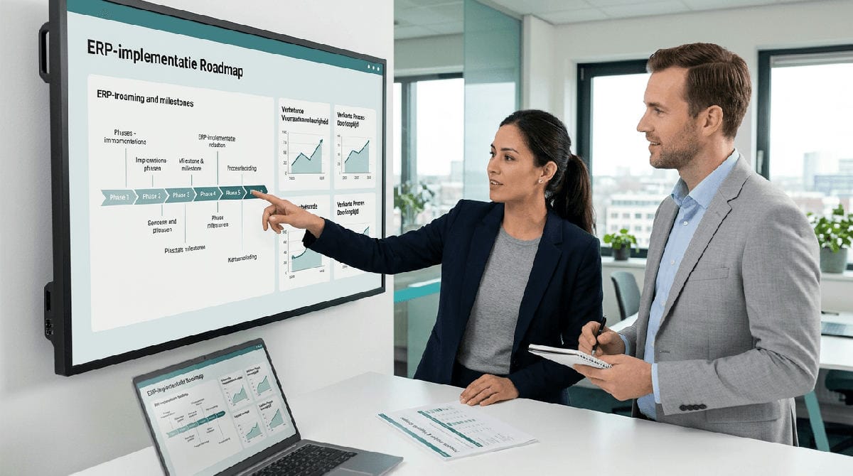 Consultant en klant bespreken een Business Central implementatietraject aan tafel