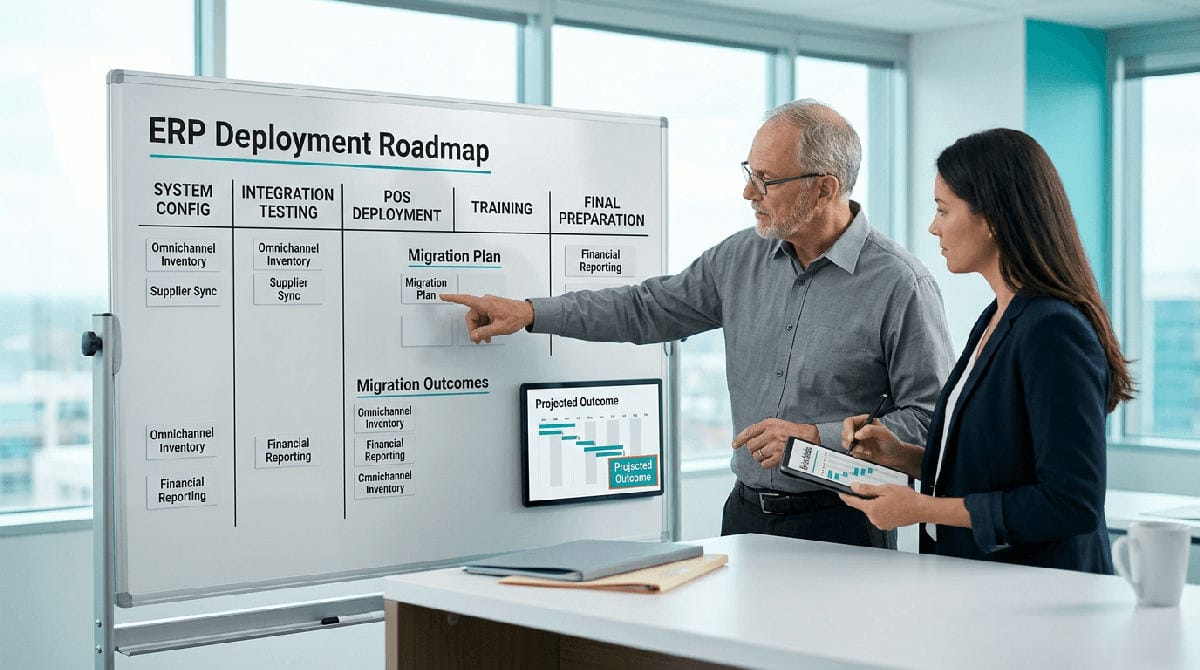 Manager bekijkt real-time verkoopcijfers op een dashboard achter de kassa