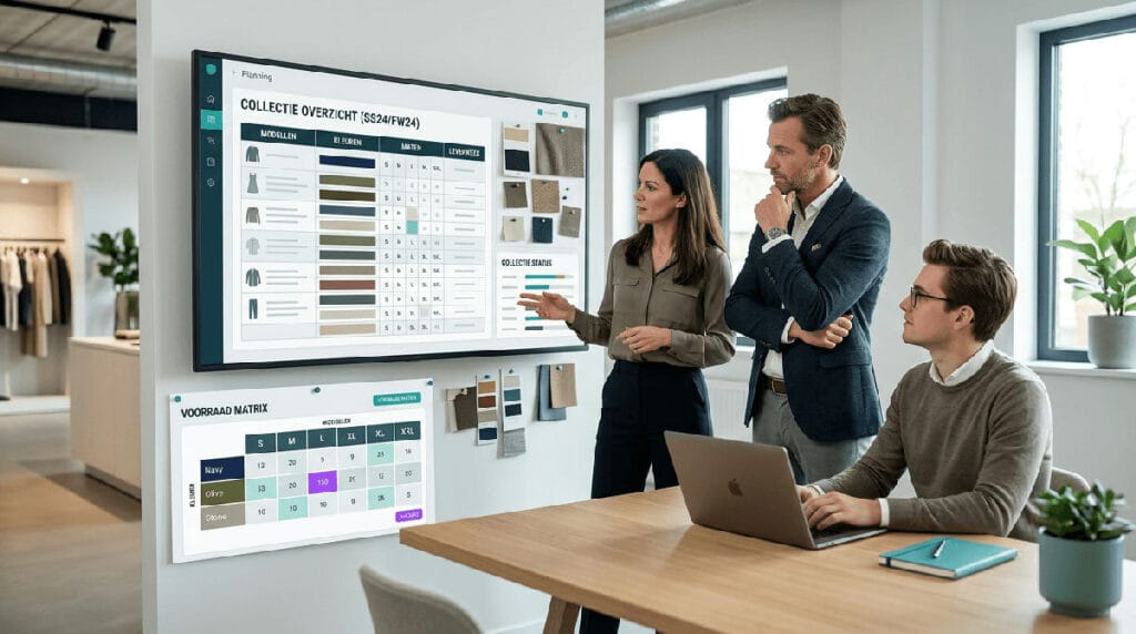 Modeontwerper bekijkt maten- en kleurenmatrix op een scherm in een showroom