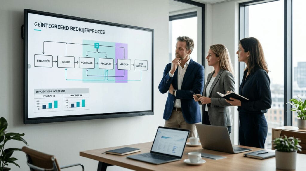 Beslisser bekijkt bedrijfsdata op meerdere schermen in een moderne kantooromgeving
