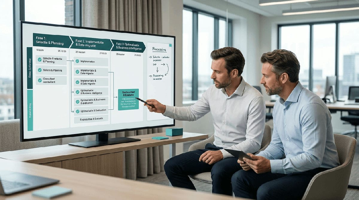 Manager vergelijkt ERP opties tijdens een overleg met collega