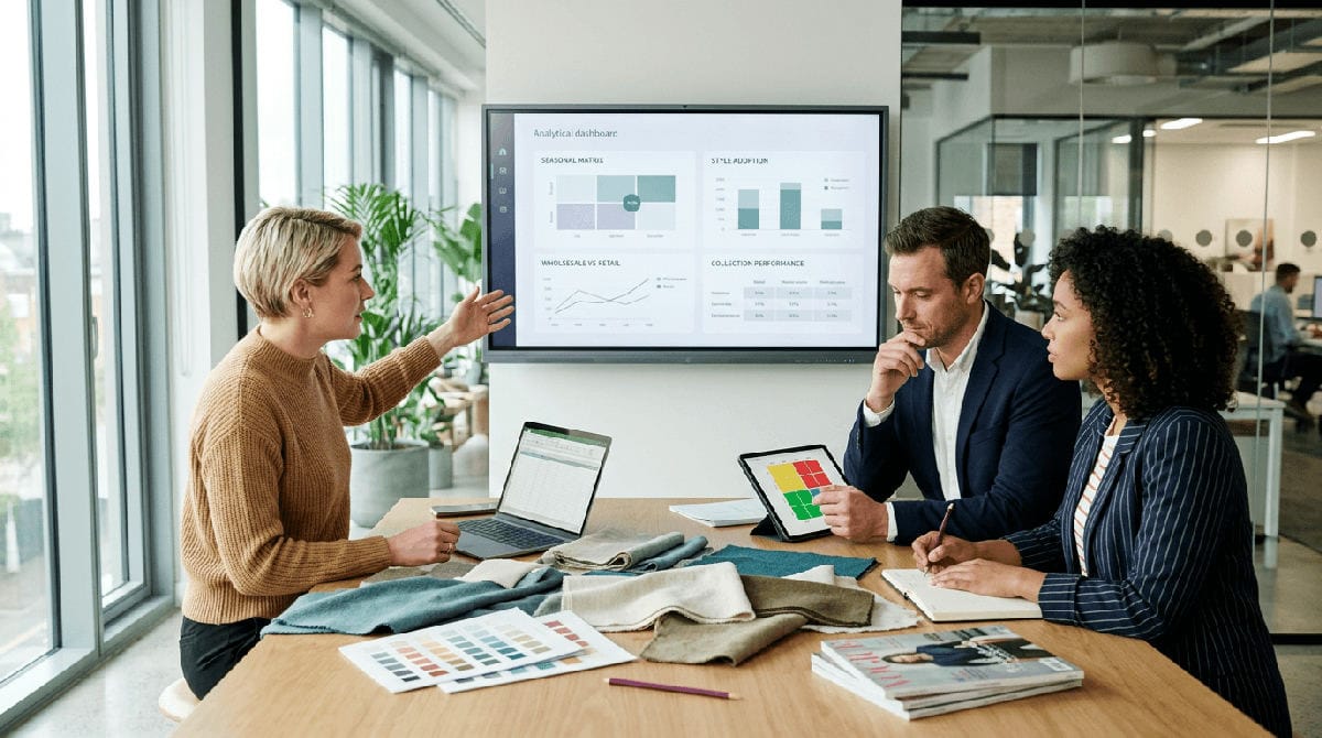 Modeplanner bekijkt collectie- en voorraadgegevens op een dashboard