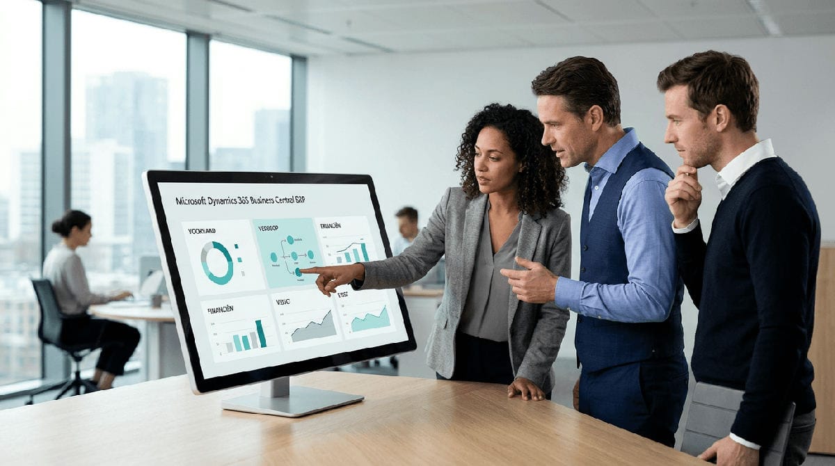 Kmo-team bekijkt financiële cijfers in een cloud-ERP-dashboard op een laptop
