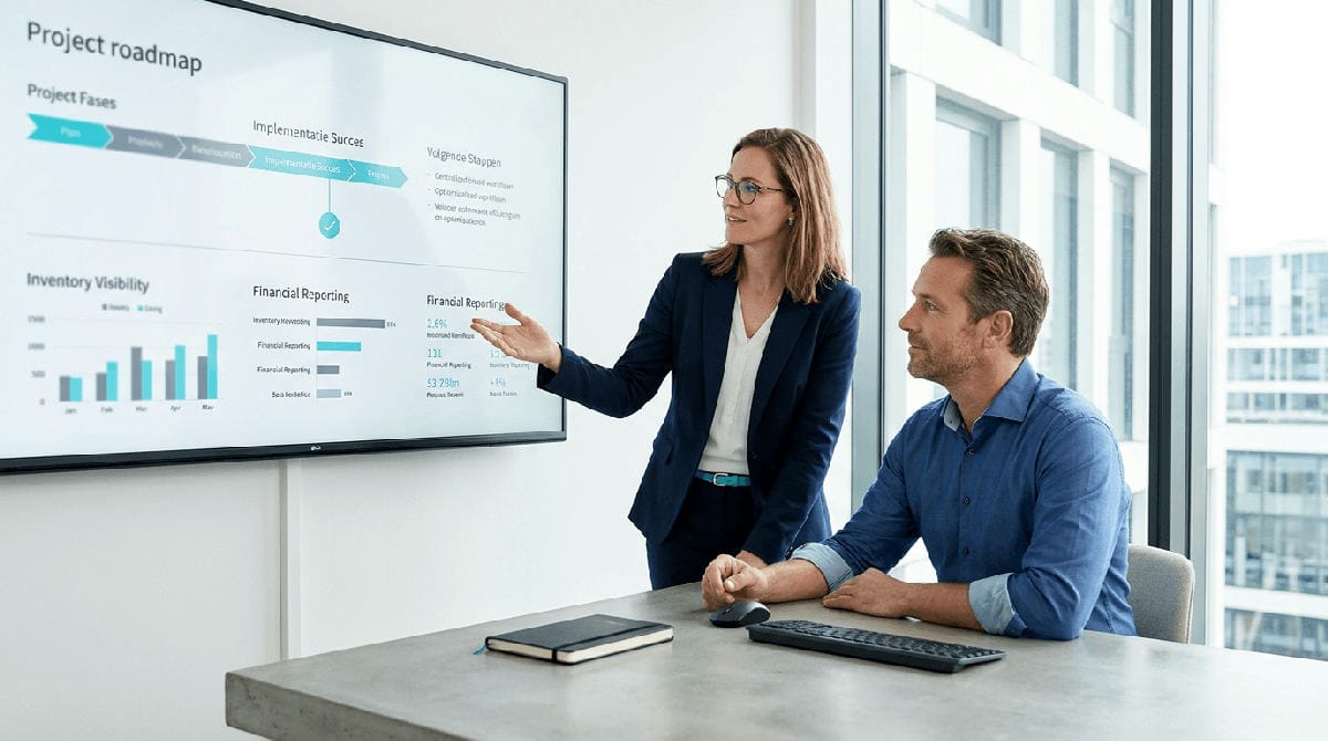 Consultant bespreekt implementatieplanning voor Business Central met een klant