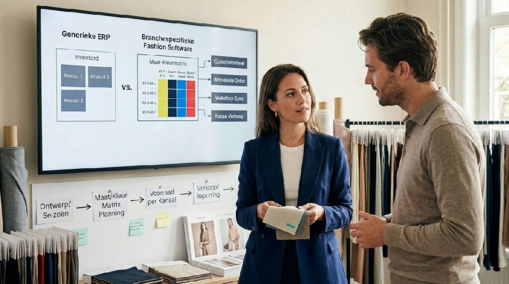 Medewerker fashionbedrijf bekijkt voorraad en orders op ERP-scherm in showroom
