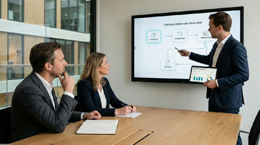 Medewerker groothandel controleert voorraad op scherm in modern distributiecentrum