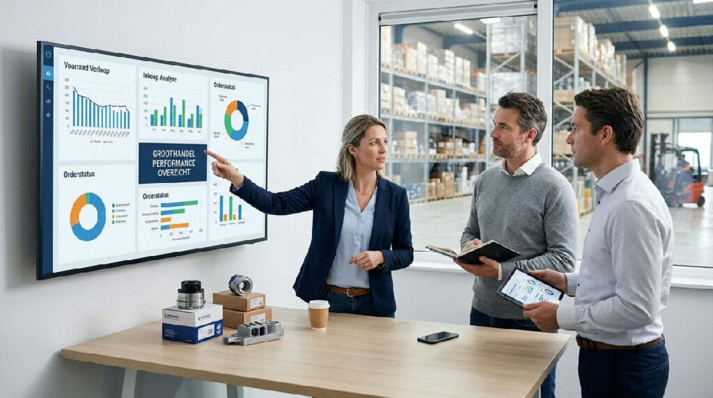 Magazijnmedewerker scant voorraad in een groothandelsdistributiecentrum met ERP software